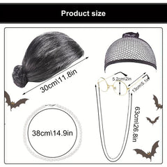 5 Pcs Old Lady Costume Wig Grandma Glasses Necklace Halloween Cosplay