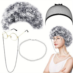 5 Pcs Old Lady Costume Wig Grandma Glasses Necklace Halloween Cosplay