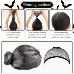 5 Pcs Old Lady Costume Wig Grandma Glasses Necklace Halloween Cosplay