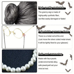 5 Pcs Old Lady Costume Wig Grandma Glasses Necklace Halloween Cosplay