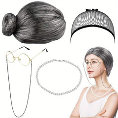 5 Pcs Old Lady Costume Wig Grandma Glasses Necklace Halloween Cosplay