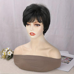 Short Brown Pixie Cut Wig with Bangs Natural Synthetic Fluffy Hair Wig 16 cm