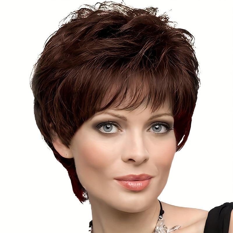 Short Brown Pixie Cut Wig with Bangs Natural Synthetic Fluffy Hair Wig 16 cm