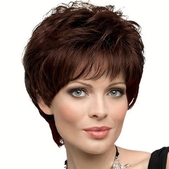 Short Brown Pixie Cut Wig with Bangs Natural Synthetic Fluffy Hair Wig 16 cm