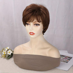 Short Brown Pixie Cut Wig with Bangs Natural Synthetic Fluffy Hair Wig 16 cm