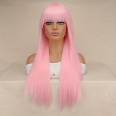Pink Long Straight Hair Wigs With Bangs 66cm Synthetic Hair Replacement Wigs