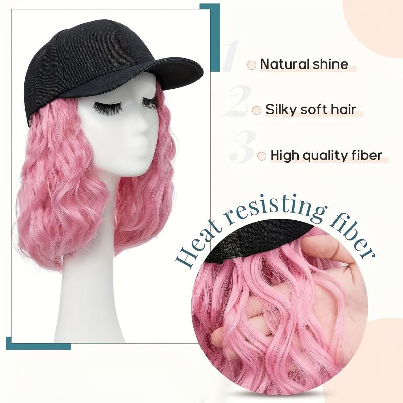 Pink Baseball Cap Wig Women's Short Wave Curly Hair Extension