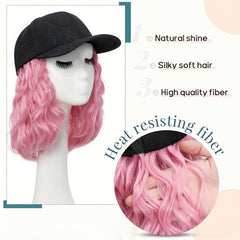 Pink Baseball Cap Wig Women's Short Wave Curly Hair Extension