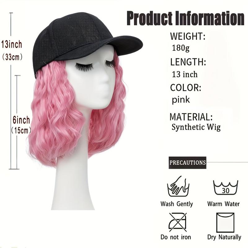 Pink Baseball Cap Wig Women's Short Wave Curly Hair Extension