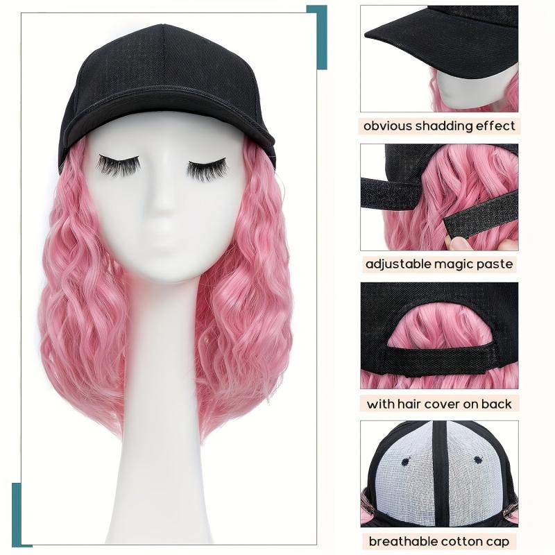 Pink Baseball Cap Wig Women's Short Wave Curly Hair Extension