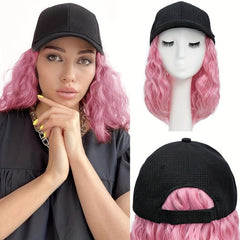 Pink Baseball Cap Wig Women's Short Wave Curly Hair Extension