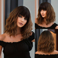 Long Brown Ombre Curly Synthetic Wig with Roots for Daily Use