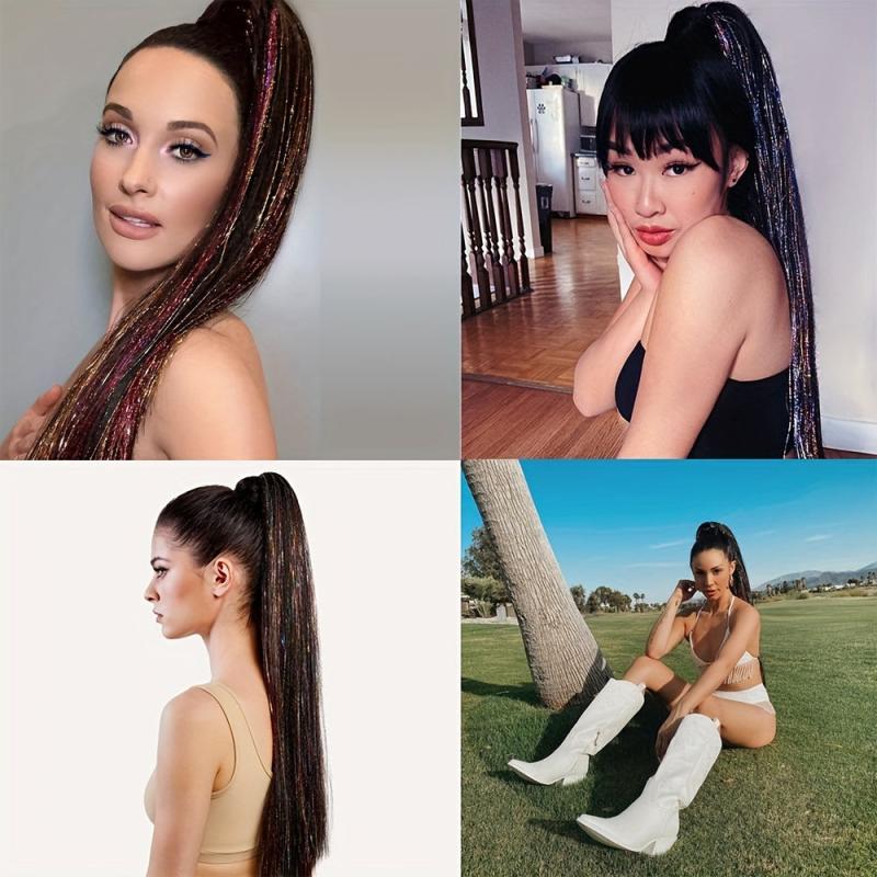 Mixed Tinsel Ponytail Hair Extensions Heat Resistant Synthetic Fiber Hairpieces