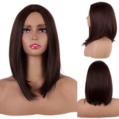 13 Inch Short Brown Bob Wig Shoulder Length Dark Synthetic Hair Wig for Women