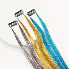 12pcs Sparkly Highlight Hair Tinsel Kit, Rainbow Clip In Glitter Hair Extension