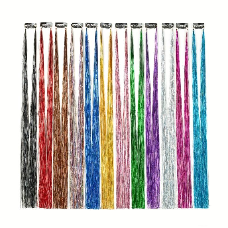 12pcs Sparkly Highlight Hair Tinsel Kit, Rainbow Clip In Glitter Hair Extension