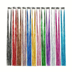 12pcs Sparkly Highlight Hair Tinsel Kit, Rainbow Clip In Glitter Hair Extension