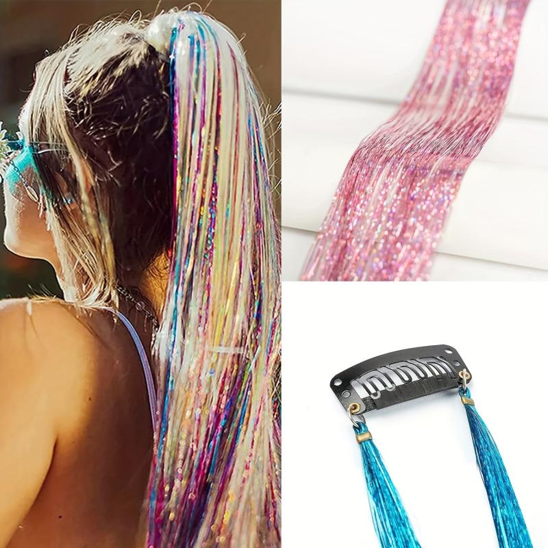12pcs Sparkly Highlight Hair Tinsel Kit, Rainbow Clip In Glitter Hair Extension