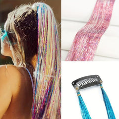 12pcs Sparkly Highlight Hair Tinsel Kit, Rainbow Clip In Glitter Hair Extension