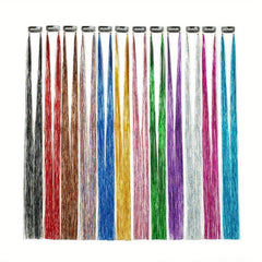 12pcs Sparkly Highlight Hair Tinsel Kit, Rainbow Clip In Glitter Hair Extension
