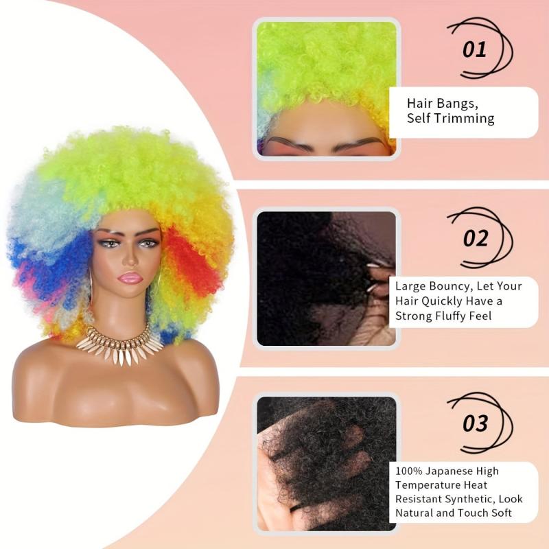 Rainbow Afro Puff Clown Wig Men Women Curly Cosplay Anime Party Halloween