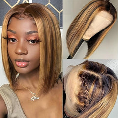 Golden Short Straight Bob Cut Wig Synthetic Beginner Heat Resistant