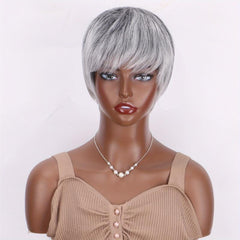 Short Straight Pixie Cut Wigs Grey Dark Root Wigs