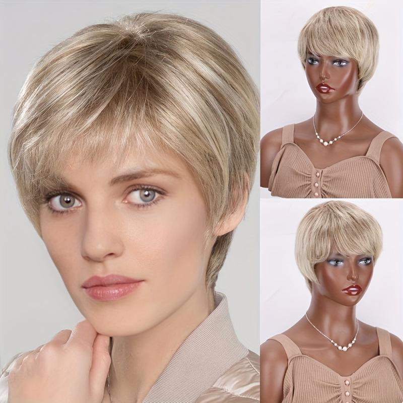 Short Straight Pixie Cut Wigs Grey Dark Root Wigs