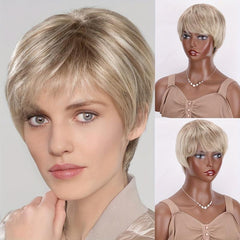 Short Straight Pixie Cut Wigs Grey Dark Root Wigs