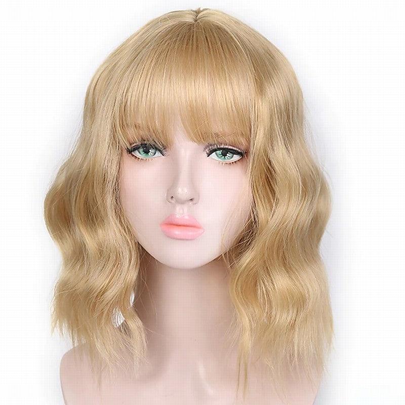 Short Wavy Wig With Bangs Synthetic Curly Shoulder Length Cosplay Hair for Women