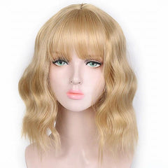 Short Wavy Wig With Bangs Synthetic Curly Shoulder Length Cosplay Hair for Women