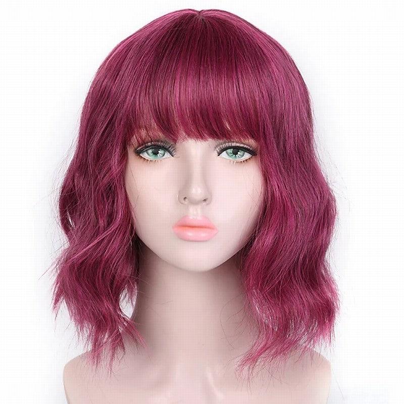 Short Wavy Wig With Bangs Synthetic Curly Shoulder Length Cosplay Hair for Women