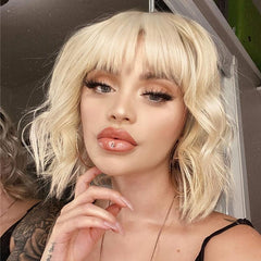 Short Wavy Wig With Bangs Synthetic Curly Shoulder Length Cosplay Hair for Women