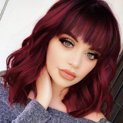 Short Wavy Wig With Bangs Synthetic Curly Shoulder Length Cosplay Hair for Women