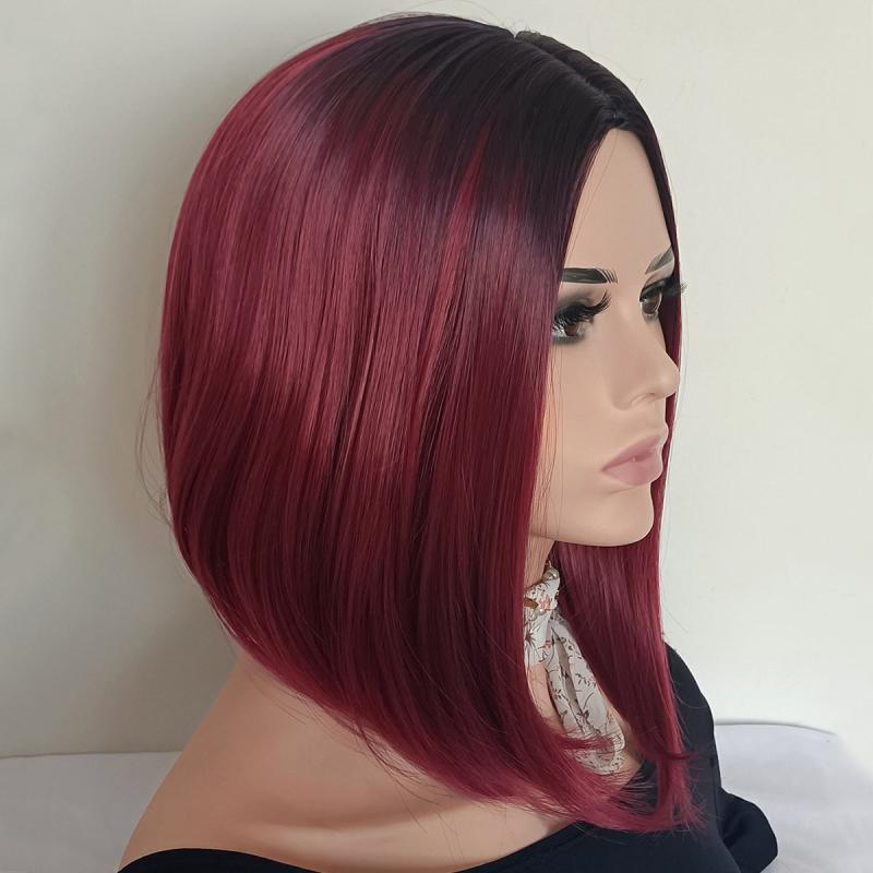 Natural Gradient Synthetic Wig Wine Red Short Straight Bob Head Wig