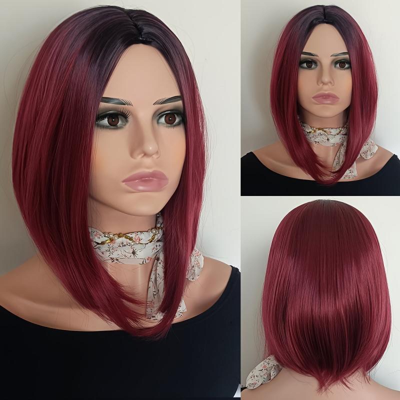 Natural Gradient Synthetic Wig Wine Red Short Straight Bob Head Wig