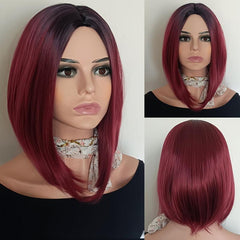 Natural Gradient Synthetic Wig Wine Red Short Straight Bob Head Wig