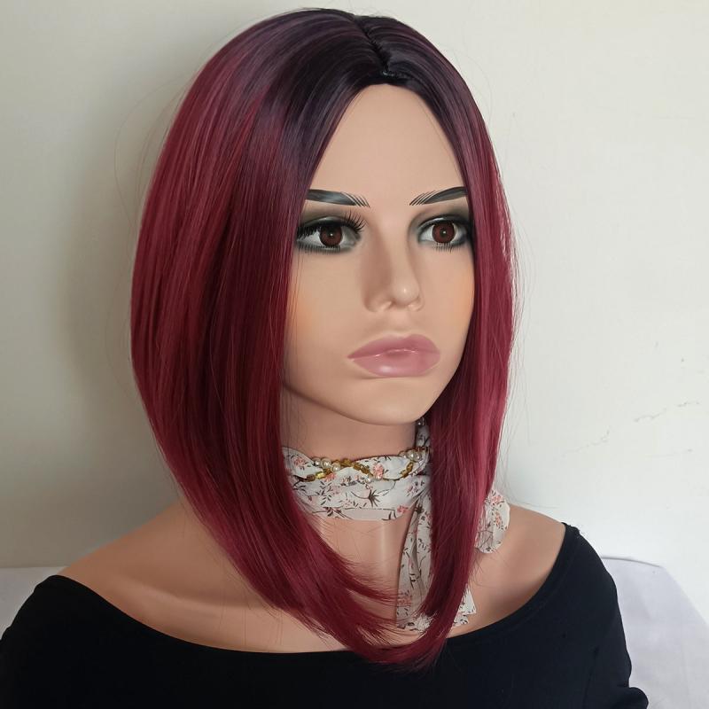 Natural Gradient Synthetic Wig Wine Red Short Straight Bob Head Wig