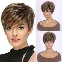 Women's Short Straight Haircut Synthetic Wig with Fluffy Side Bangs