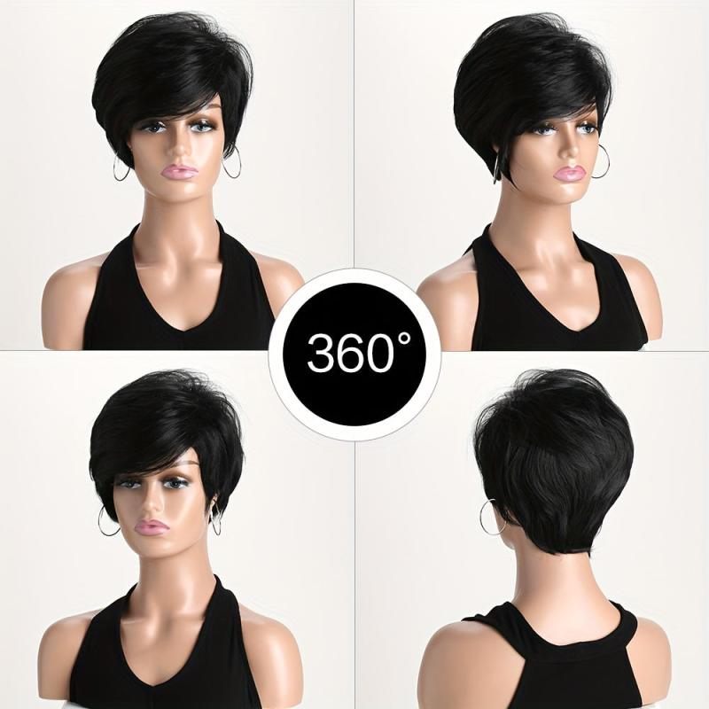 Women's Short Straight Haircut Synthetic Wig with Fluffy Side Bangs