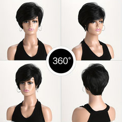 Women's Short Straight Haircut Synthetic Wig with Fluffy Side Bangs
