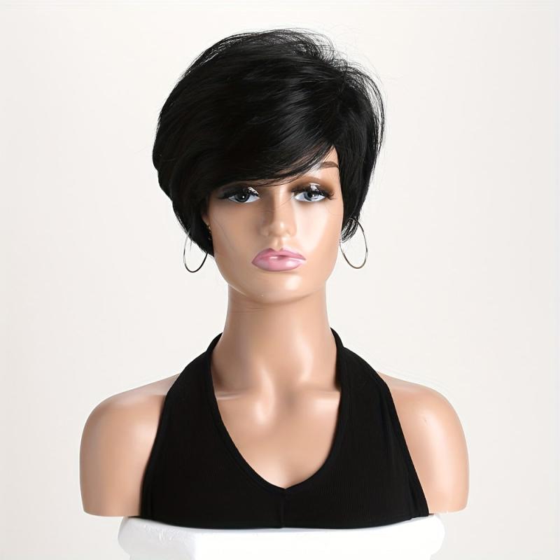 Women's Short Straight Haircut Synthetic Wig with Fluffy Side Bangs