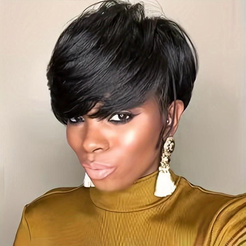 Women's Short Straight Haircut Synthetic Wig with Fluffy Side Bangs