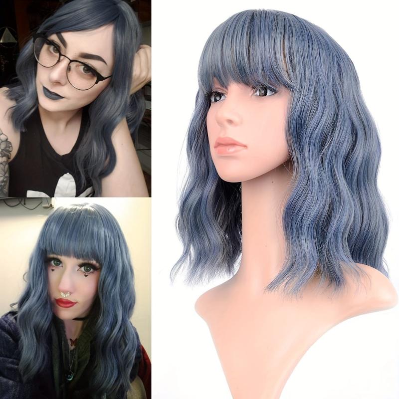 Shoulder Length Wave Bob Wig With Bangs Synthetic Cosplay Costume Wig