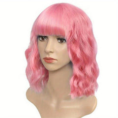 Short Curly Wig With Bangs Water Wave Full Head Set Wig