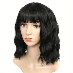Short Curly Wig With Bangs Water Wave Full Head Set Wig