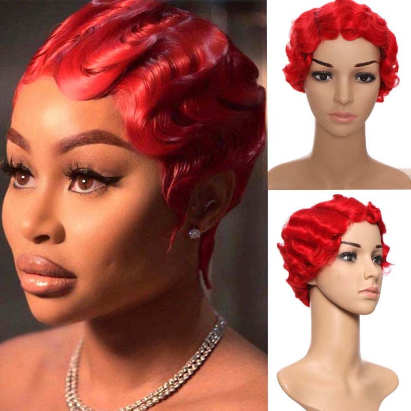 Pixie Cut Curly Blonde Golden Brown Pink Wine Red Wig Women