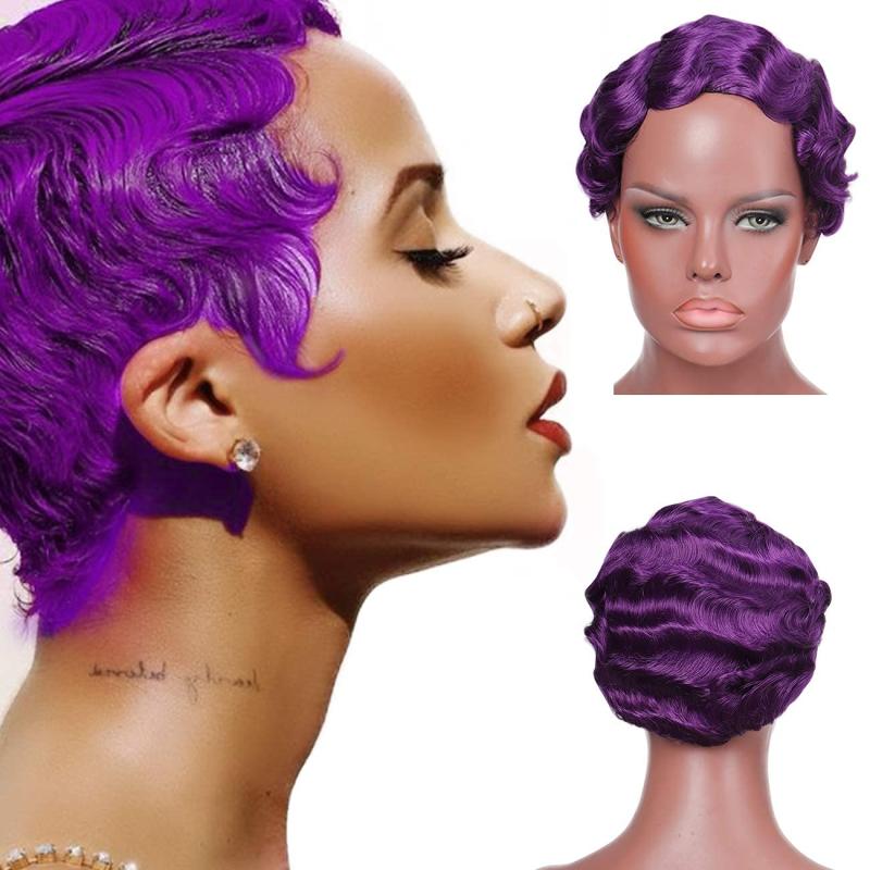 Pixie Cut Curly Blonde Golden Brown Pink Wine Red Wig Women