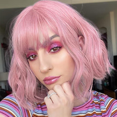 Short Bob Wavy Wig with Air Bangs Curly Shoulder Length Synthetic