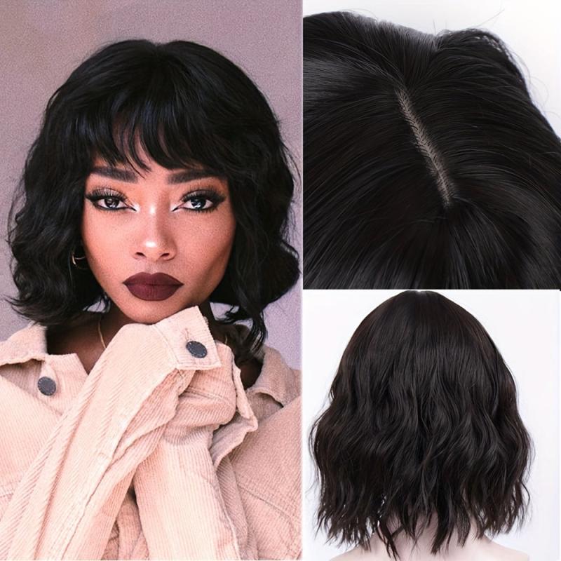 Short Bob Wavy Wig with Air Bangs Curly Shoulder Length Synthetic